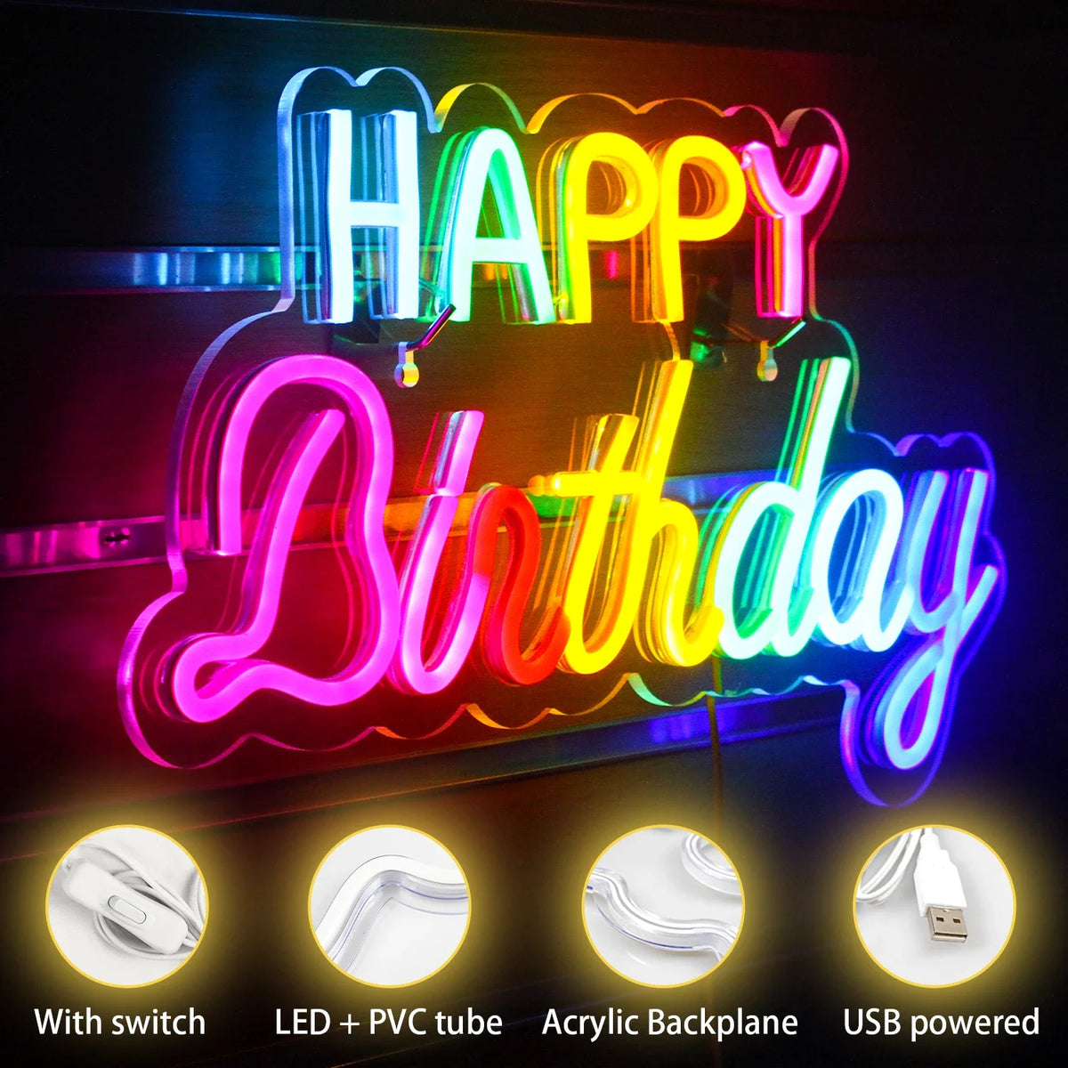 Enseigne néon LED USB 5 V Happy Birthday
