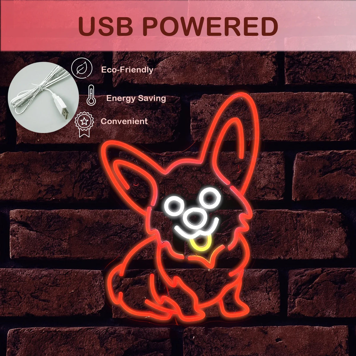 Enseigne néon LED USB 5 V Corgi rouge