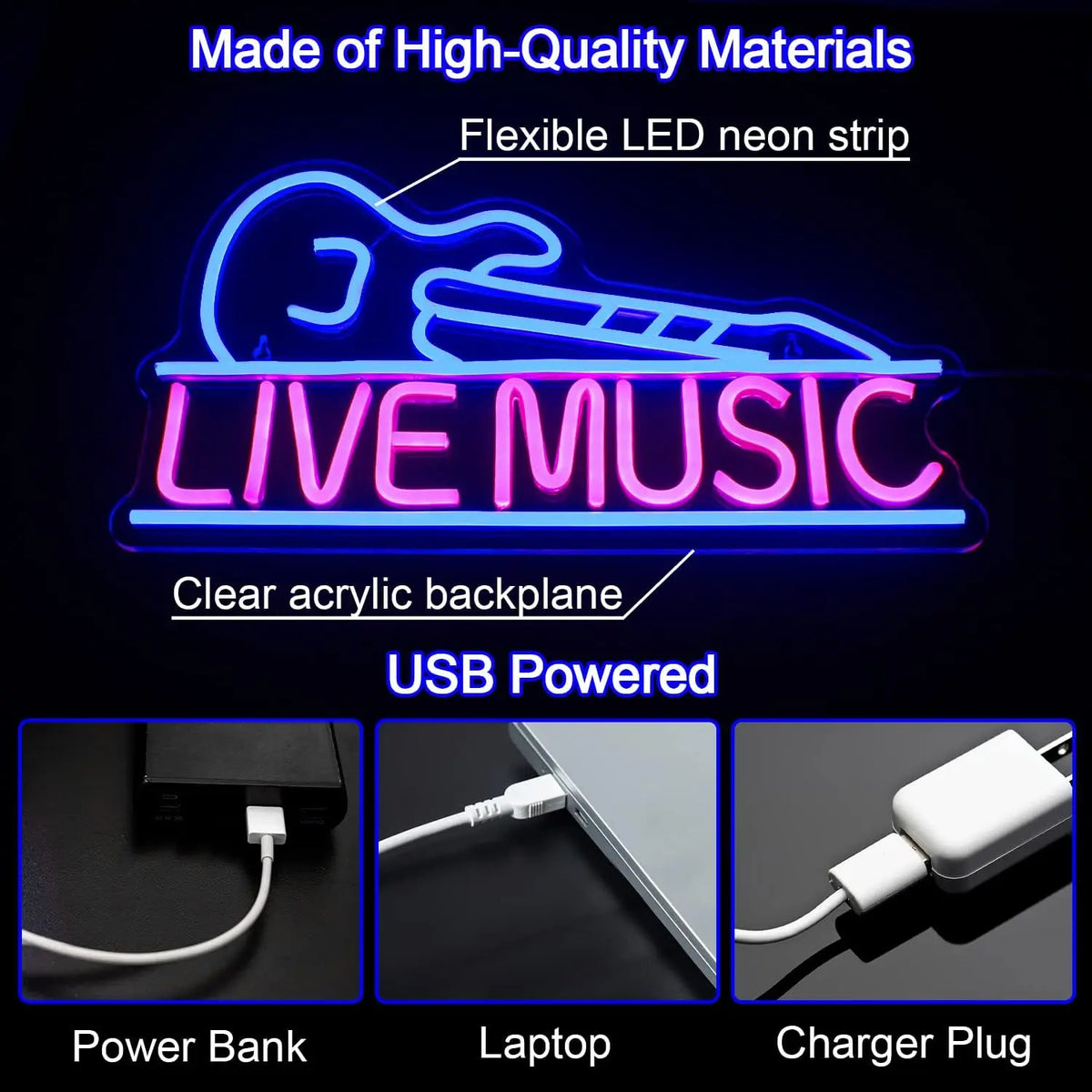 Enseigne néon LED USB 5 V Guitare « Live Music »