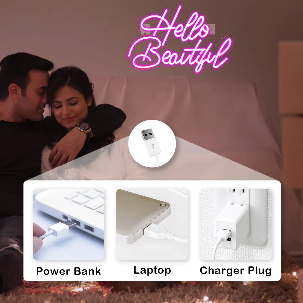 Enseigne néon LED USB 5 V Hello Beautiful