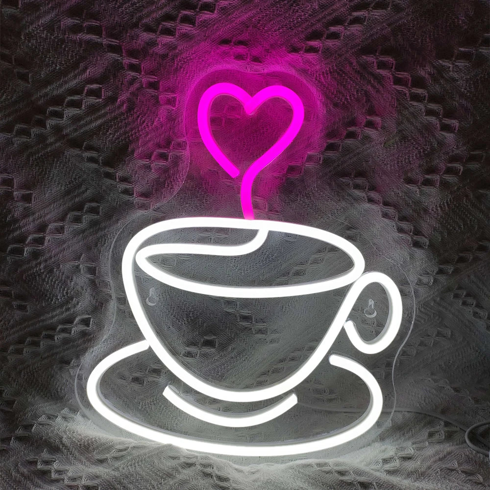 Coffee Cup Heart 5V USB LED neon sign – White 24x32cm