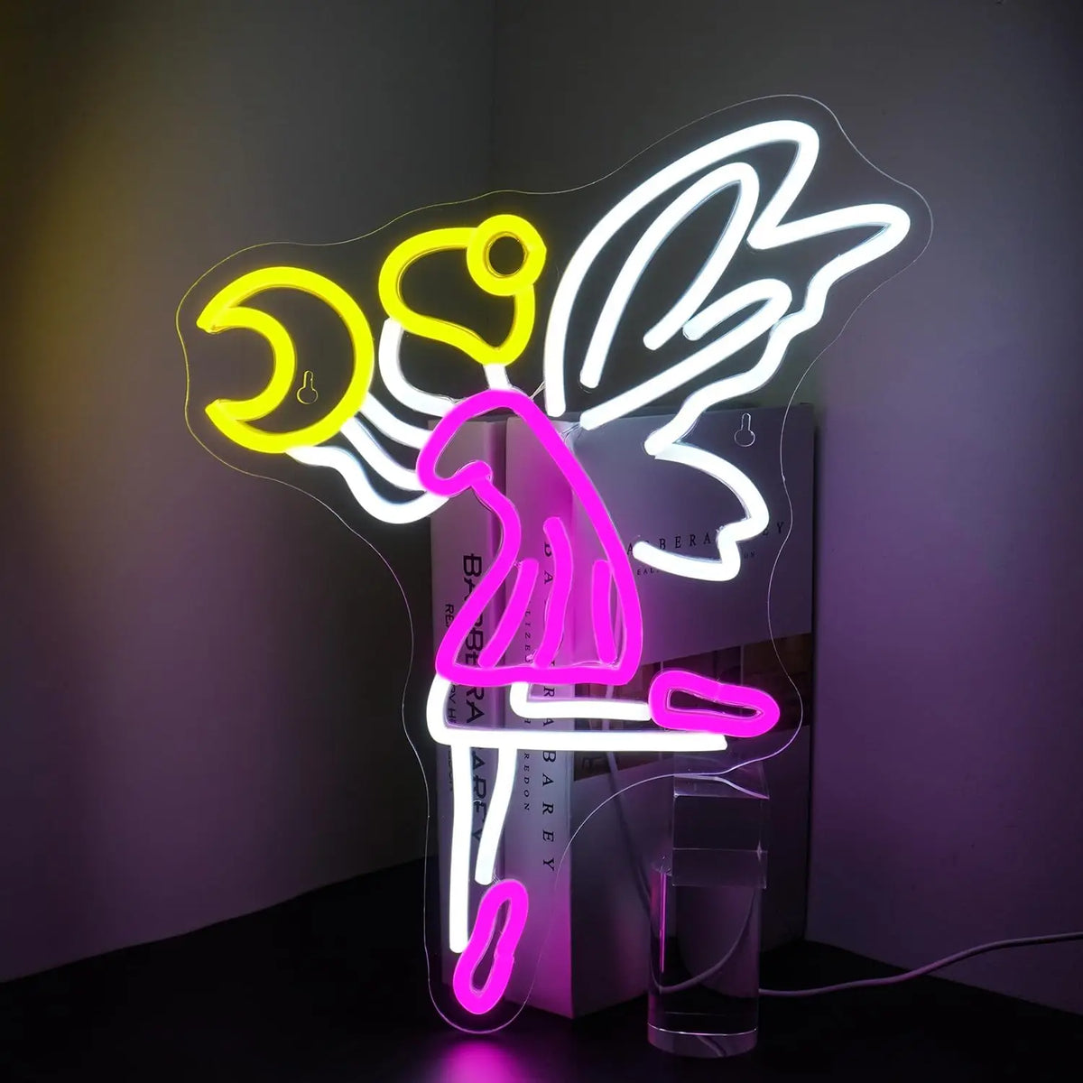Enseigne néon LED USB 5 V Fée volante et lune — 32 × 42 cm