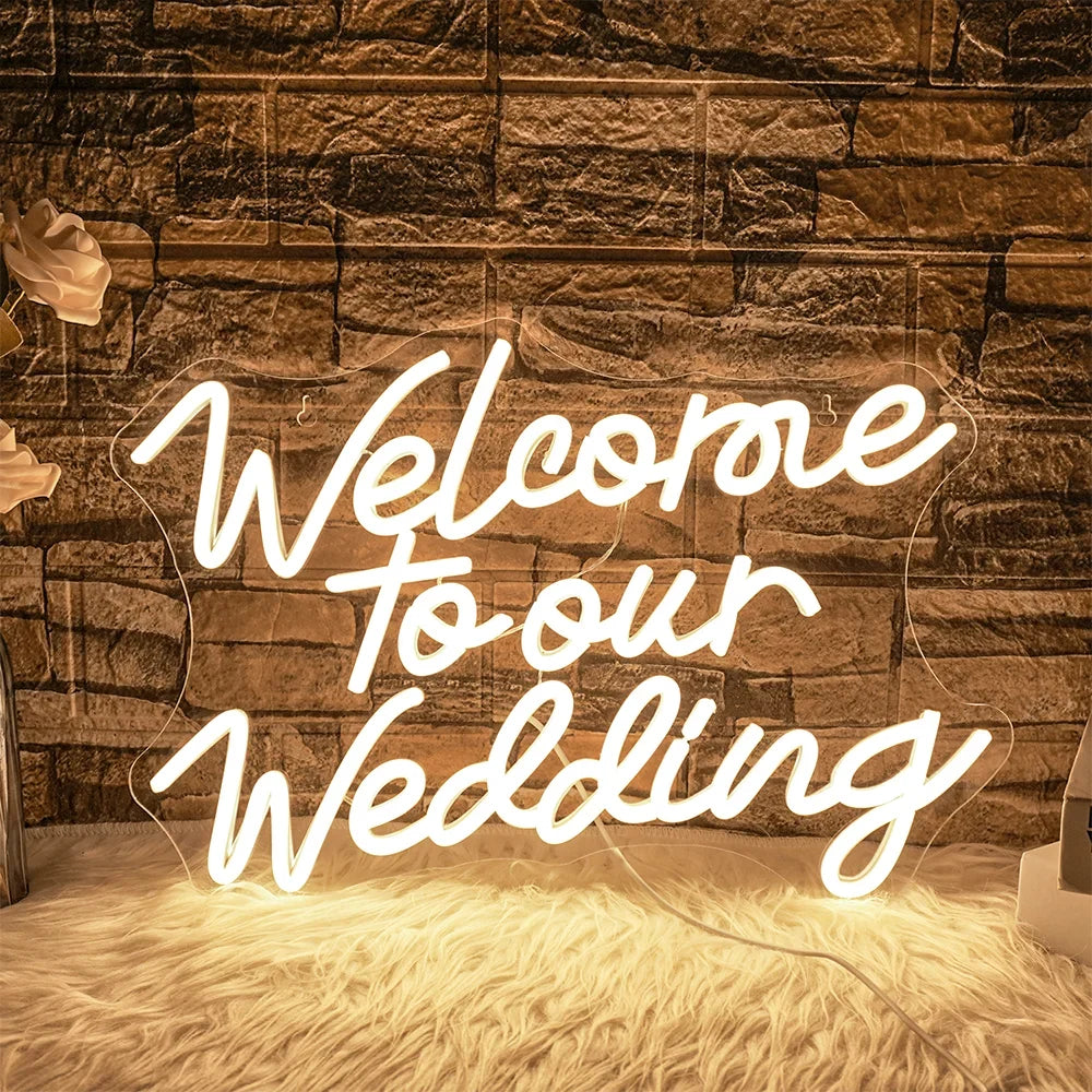 Enseigne néon LED USB 5 V Welcome to our Wedding — blanc chaud
