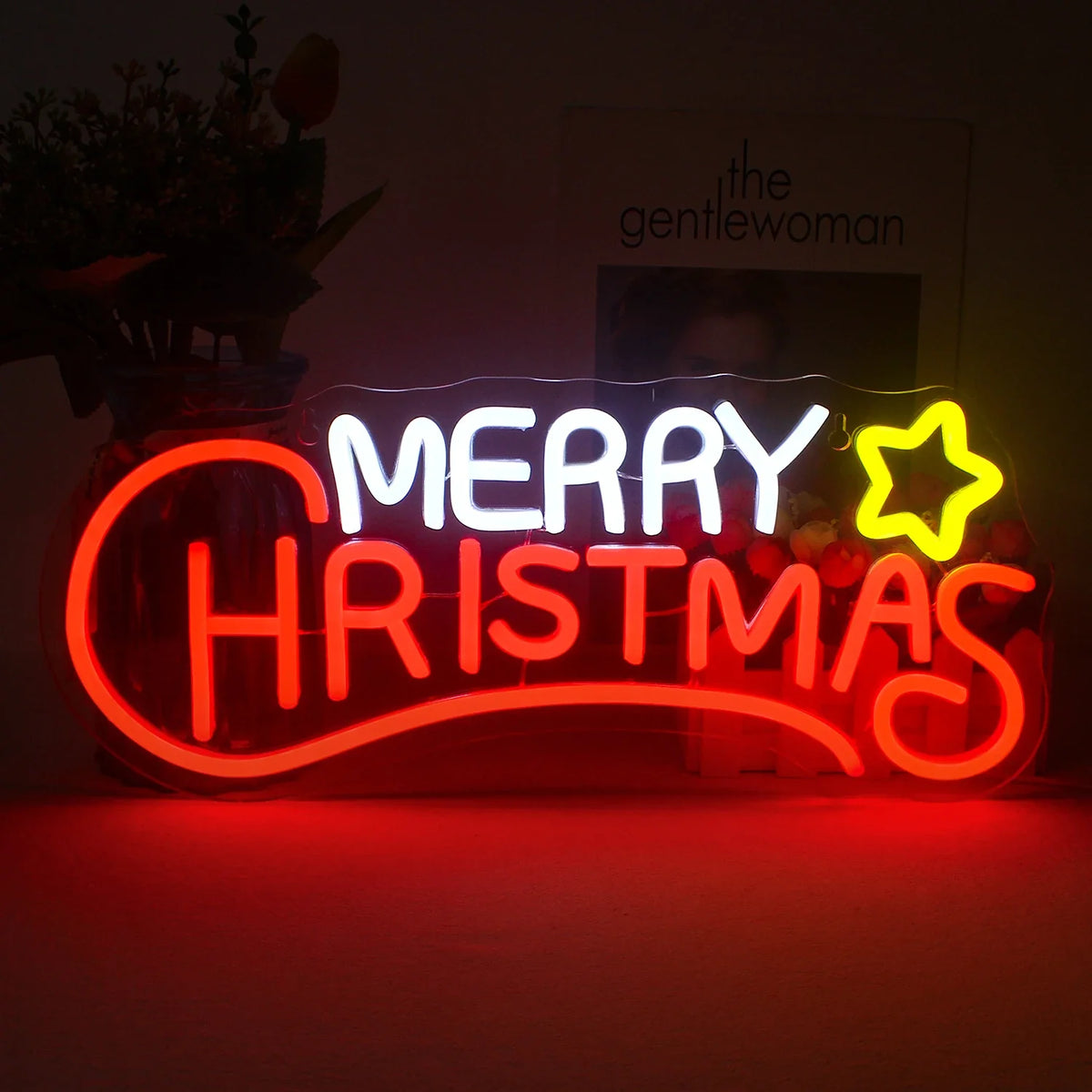 Enseigne néon LED USB 5 V Sapin et étoile « Merry Christmas » — 42 × 18 cm