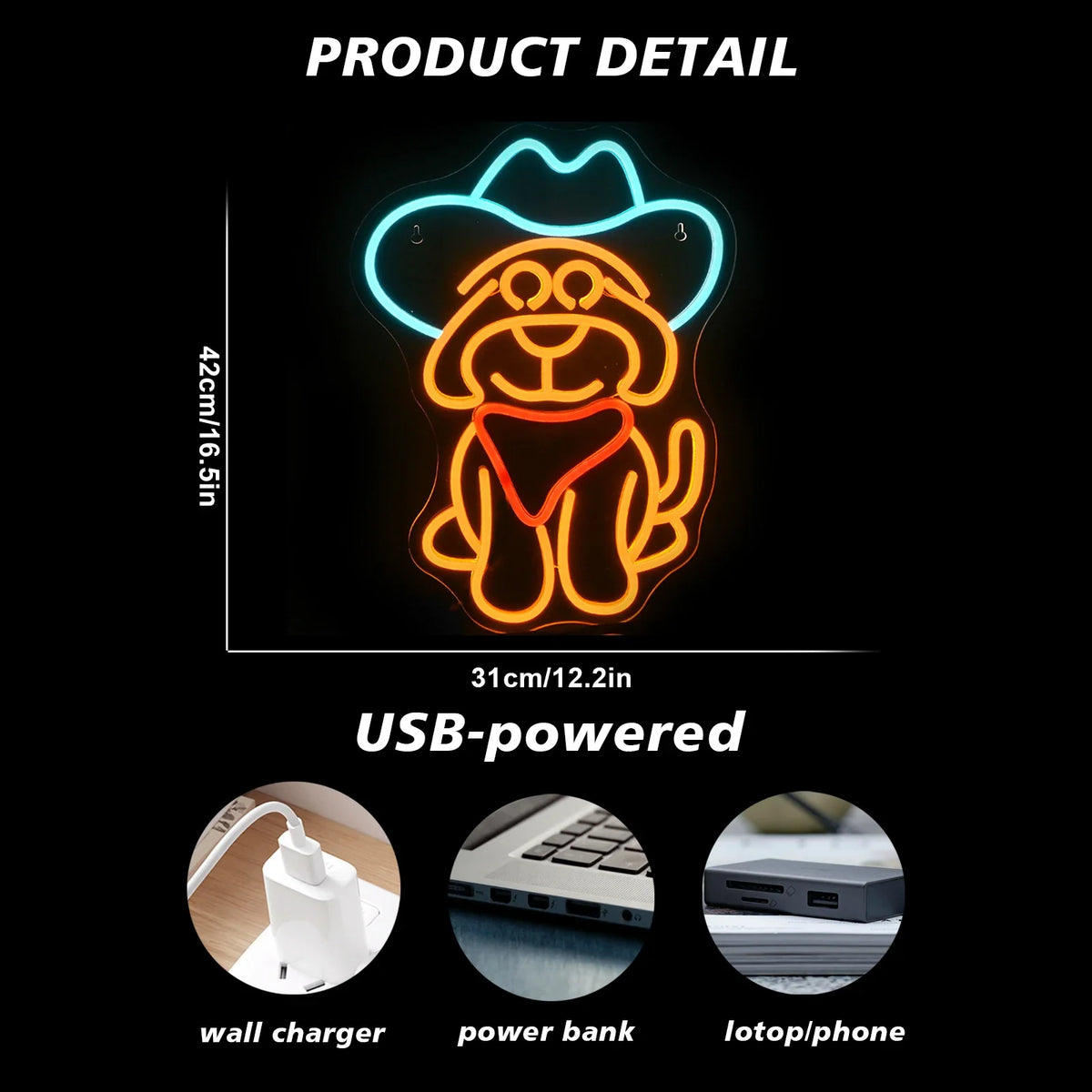 Enseigne néon LED USB 5 V Chien cow-boy