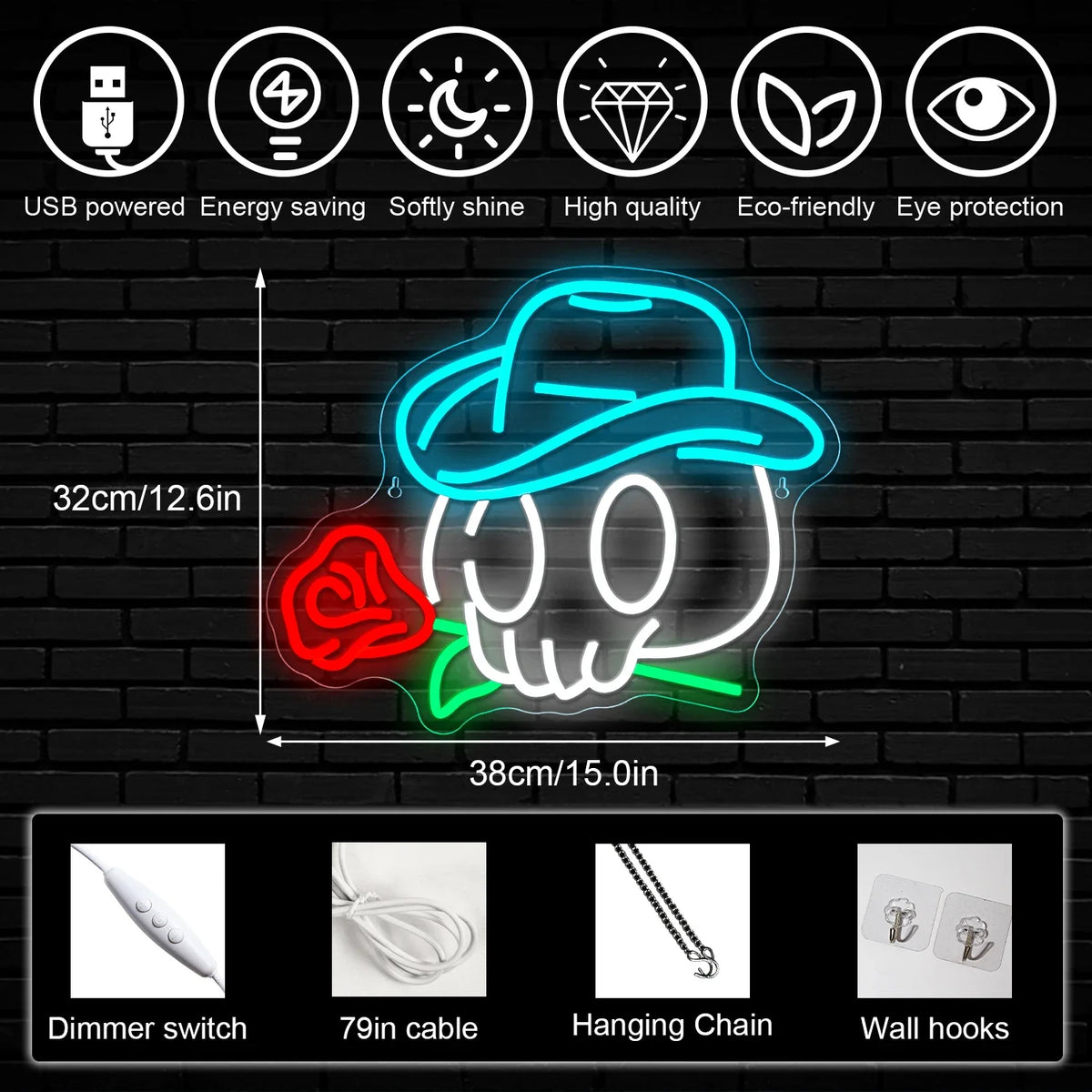 Cowboy Skull Rose 5V USB LED neon sign