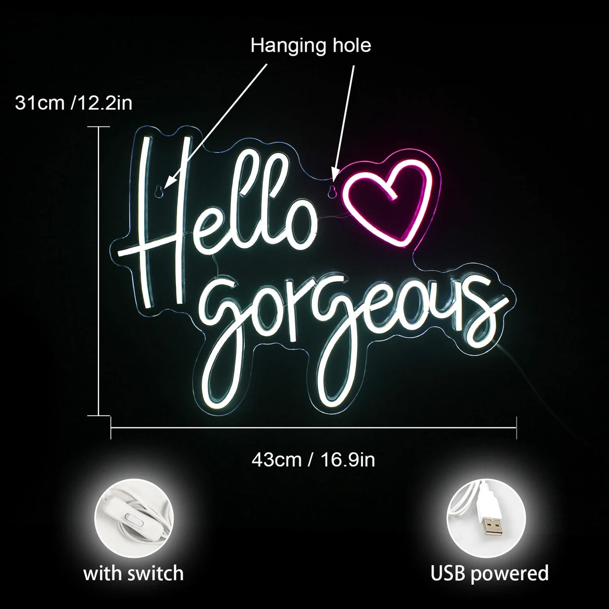 Hello Gorgeous 5V USB LED neon sign