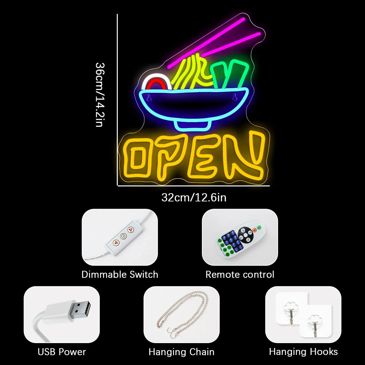 Enseigne néon LED USB 5 V Open Ramen