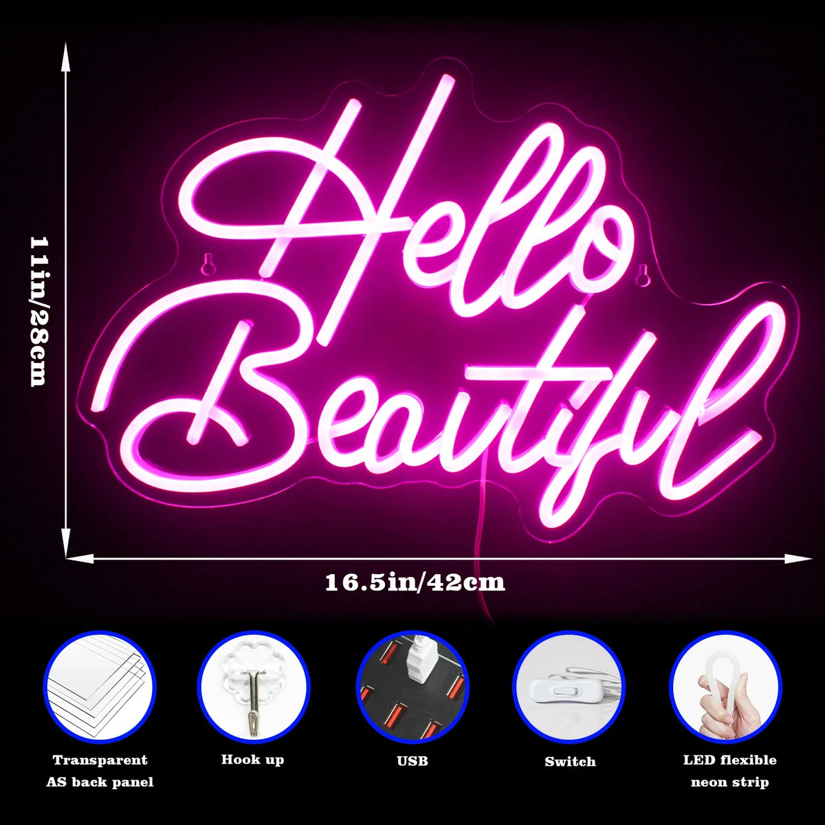 Enseigne néon LED USB 5 V Hello Beautiful