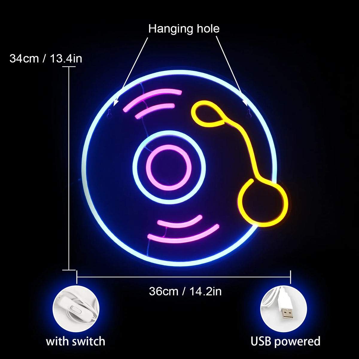 Enseigne néon LED USB 5 V Disque vinyle