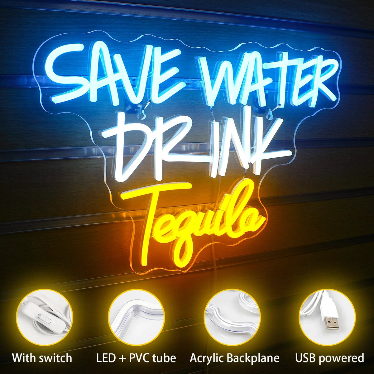 Enseigne néon LED USB 5 V Save Water Drink Tequila