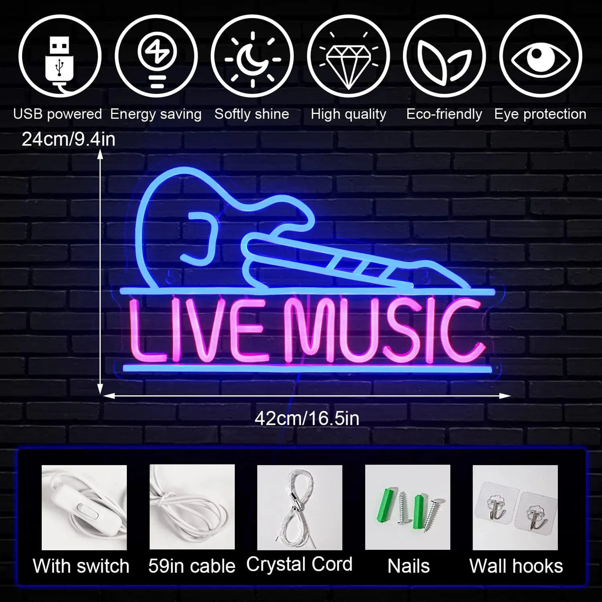 Enseigne néon LED USB 5 V Guitare « Live Music »