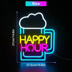 Enseigne néon LED USB 5 V Chope de bière « Happy Hour » — 27,5 × 37 cm
