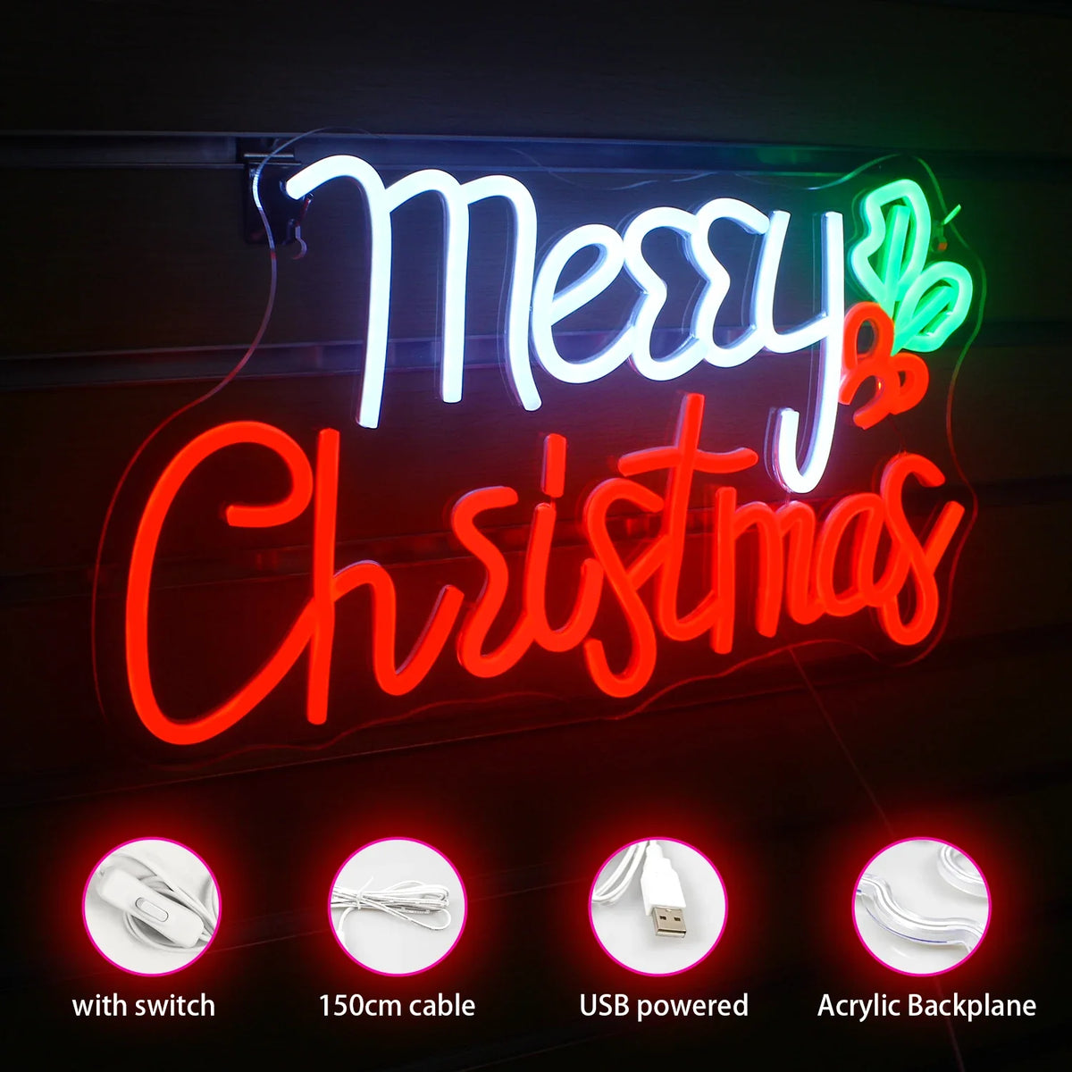 Enseigne néon LED USB 5 V Merry Christmas