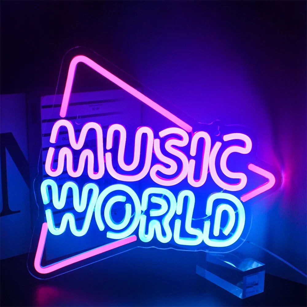 Enseigne néon LED USB 5 V Music World — 34 × 32 cm