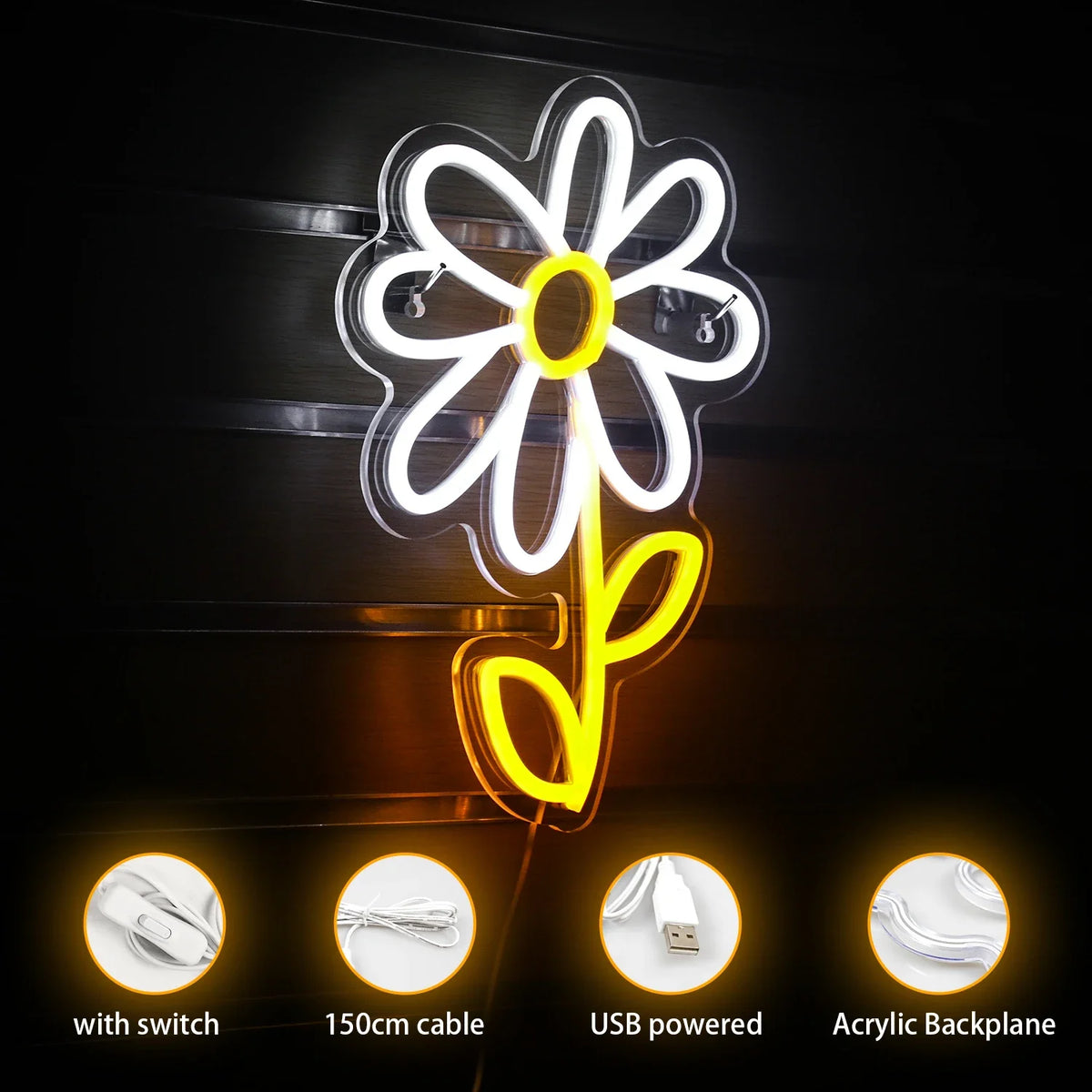 Enseigne néon LED USB 5 V Marguerite de style dessin animé