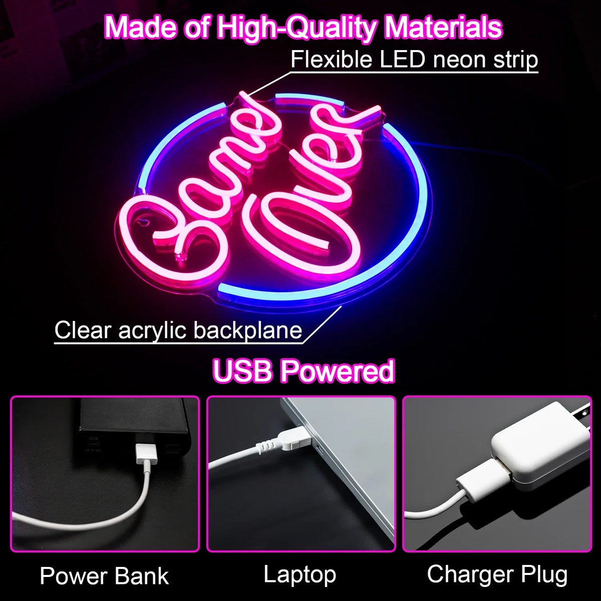 Enseigne néon LED USB 5 V Game Over en cercle
