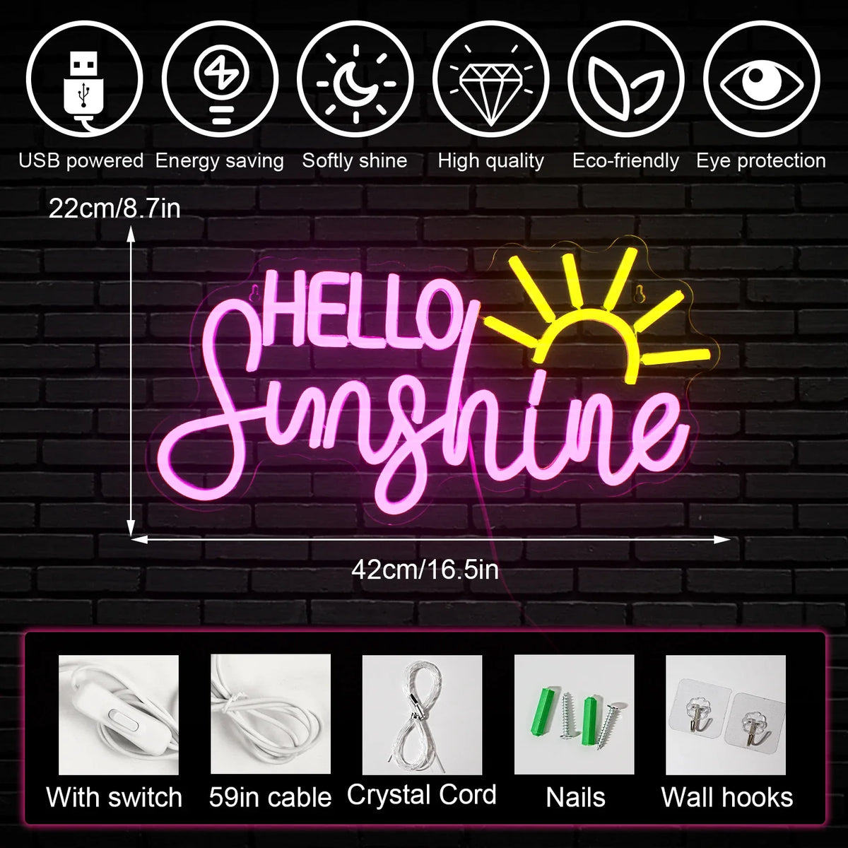 Enseigne néon LED USB 5 V Hello Sunshine
