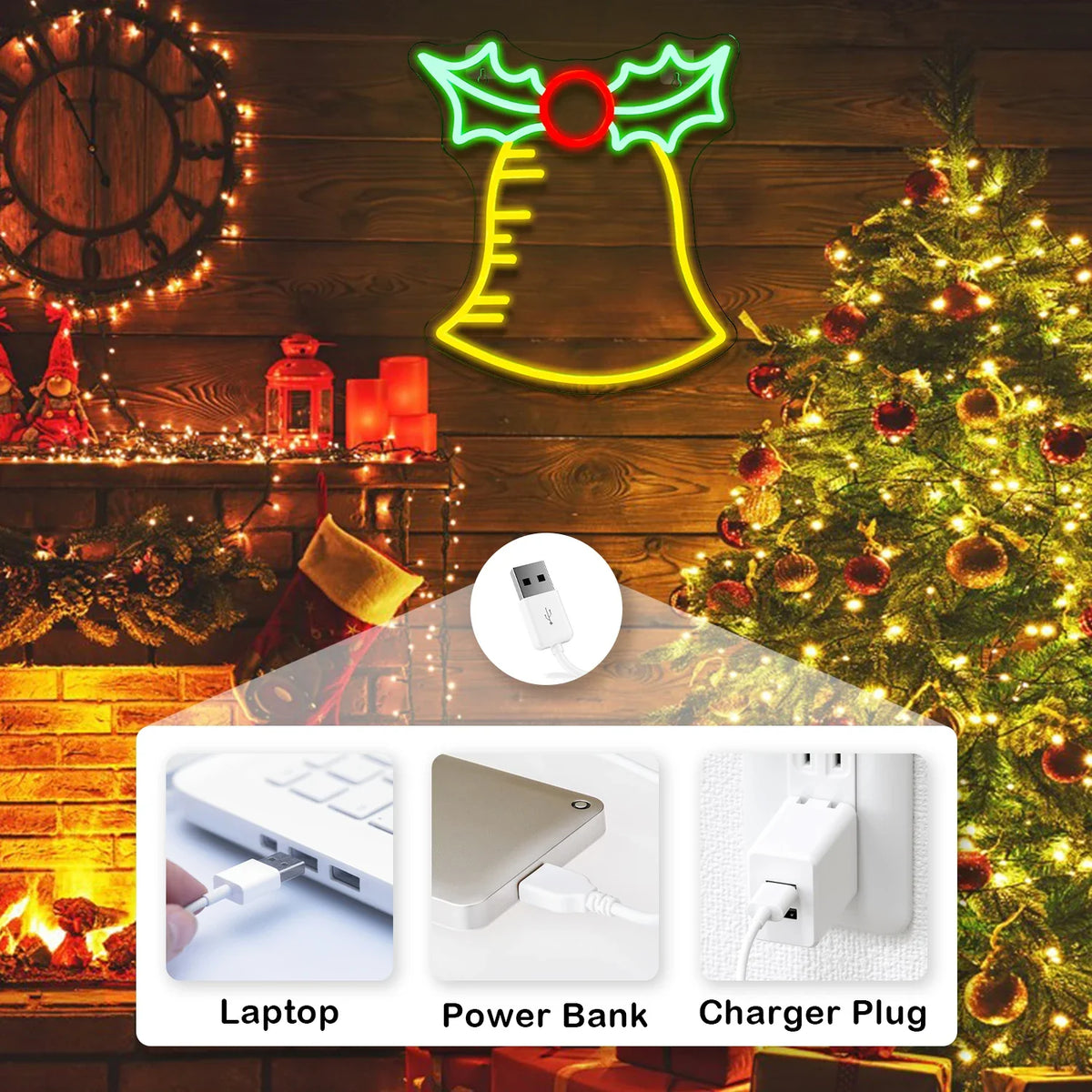 Bell Merry Christmas 5V USB LED neon sign