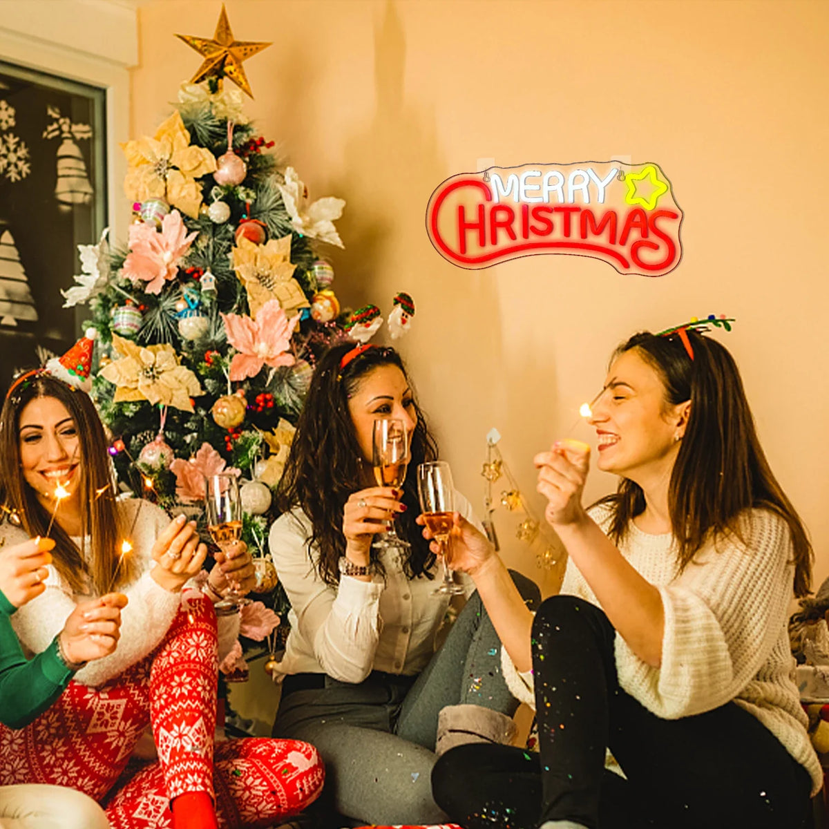 Enseigne néon LED USB 5 V Sapin et étoile « Merry Christmas »