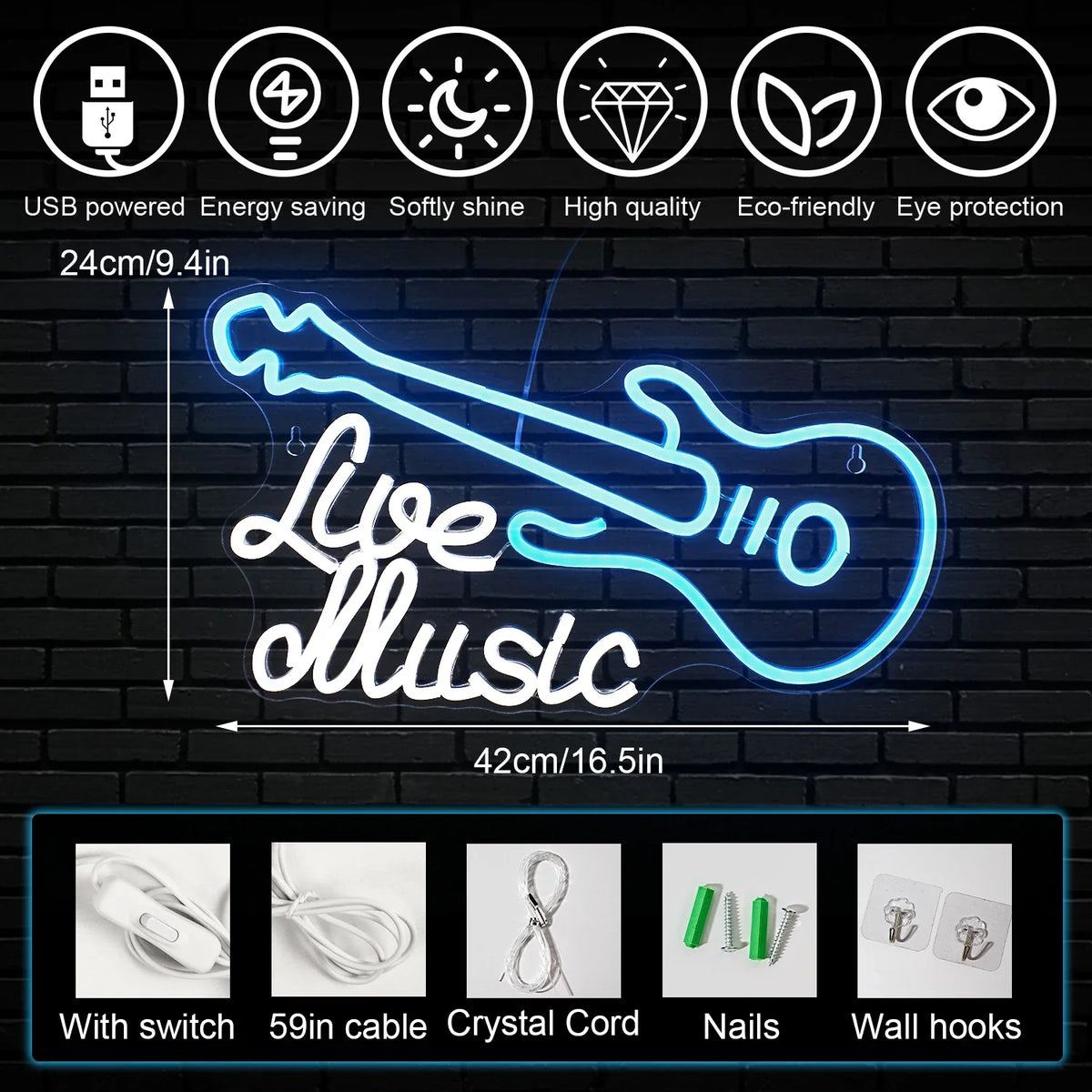 Enseigne néon LED USB 5 V Guitare « Live Music »