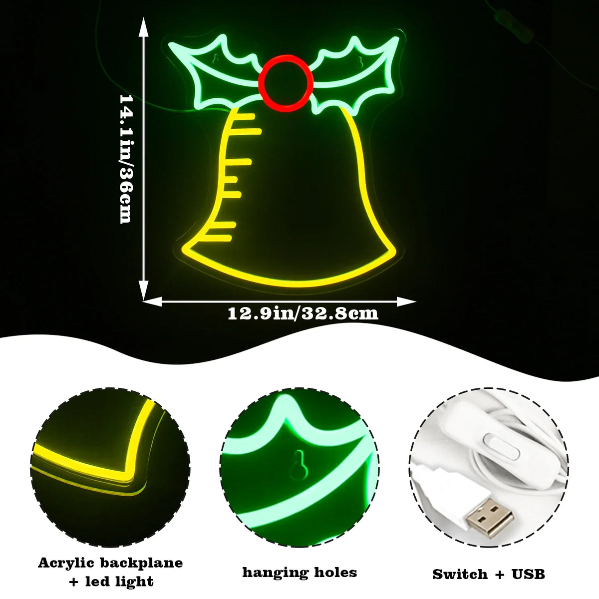 Bell Merry Christmas 5V USB LED neon sign