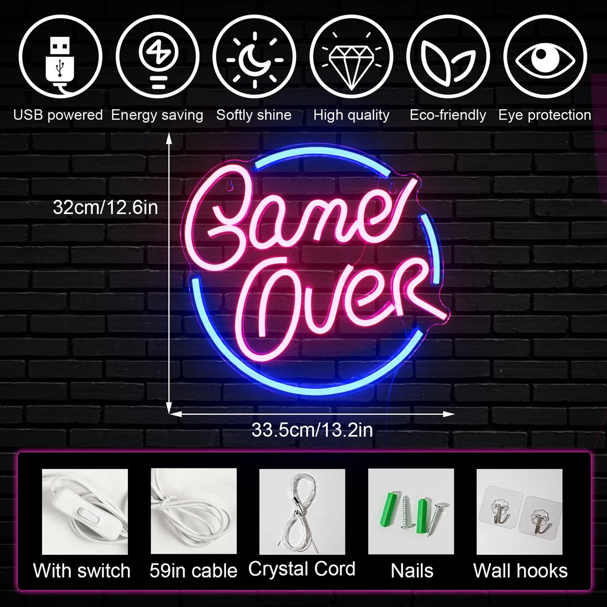 Enseigne néon LED USB 5 V Game Over en cercle