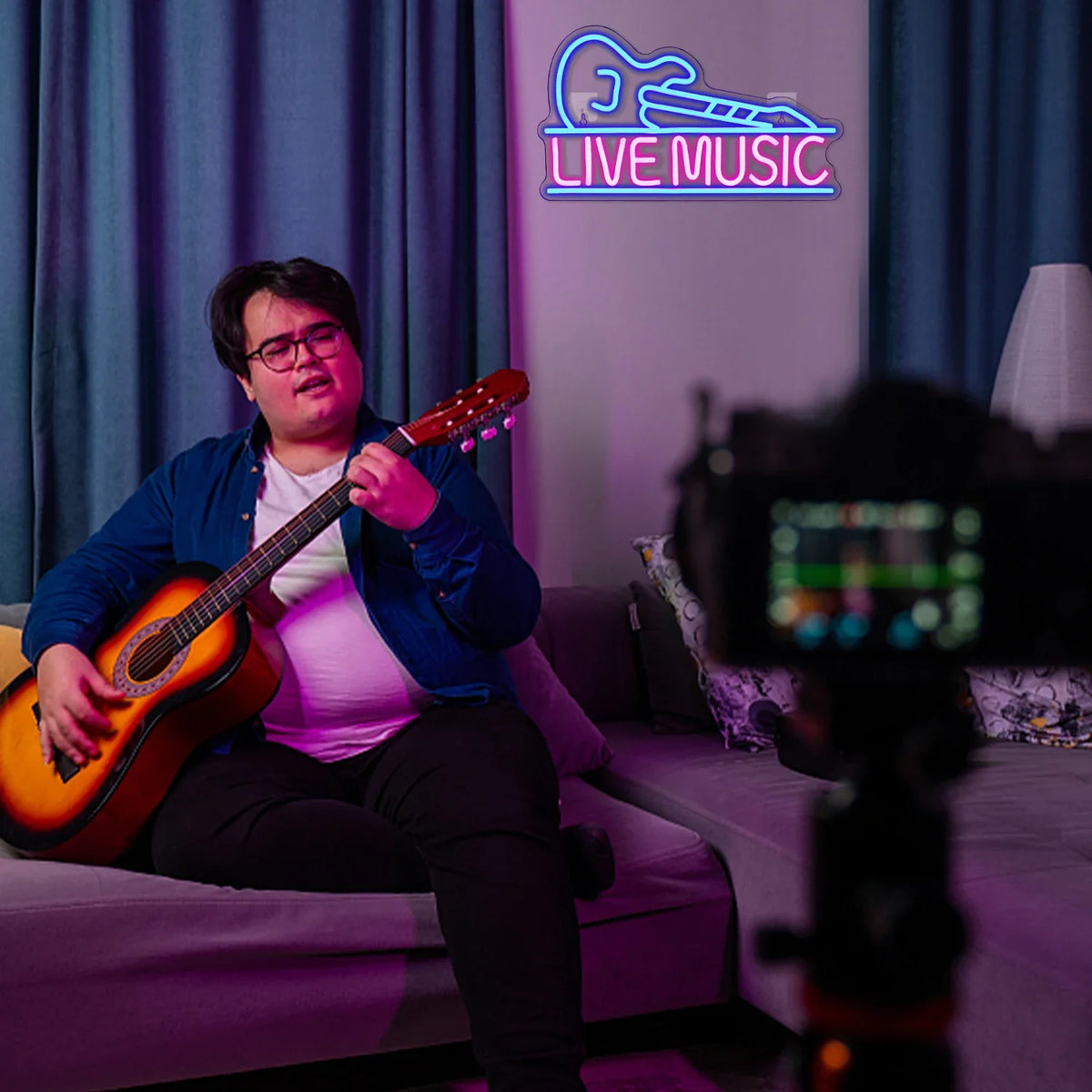 Enseigne néon LED USB 5 V Guitare « Live Music »