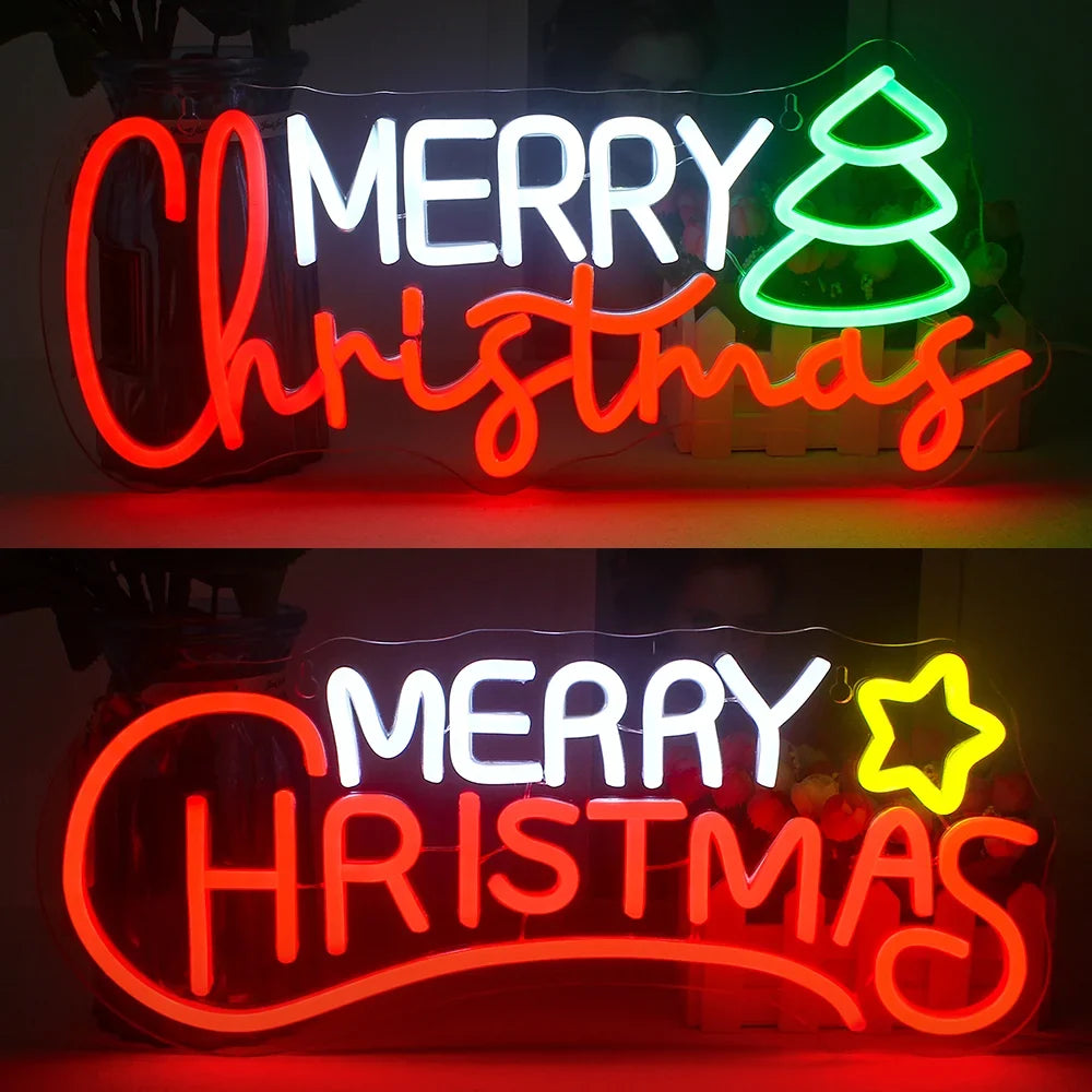 Enseigne néon LED USB 5 V Sapin et étoile « Merry Christmas »