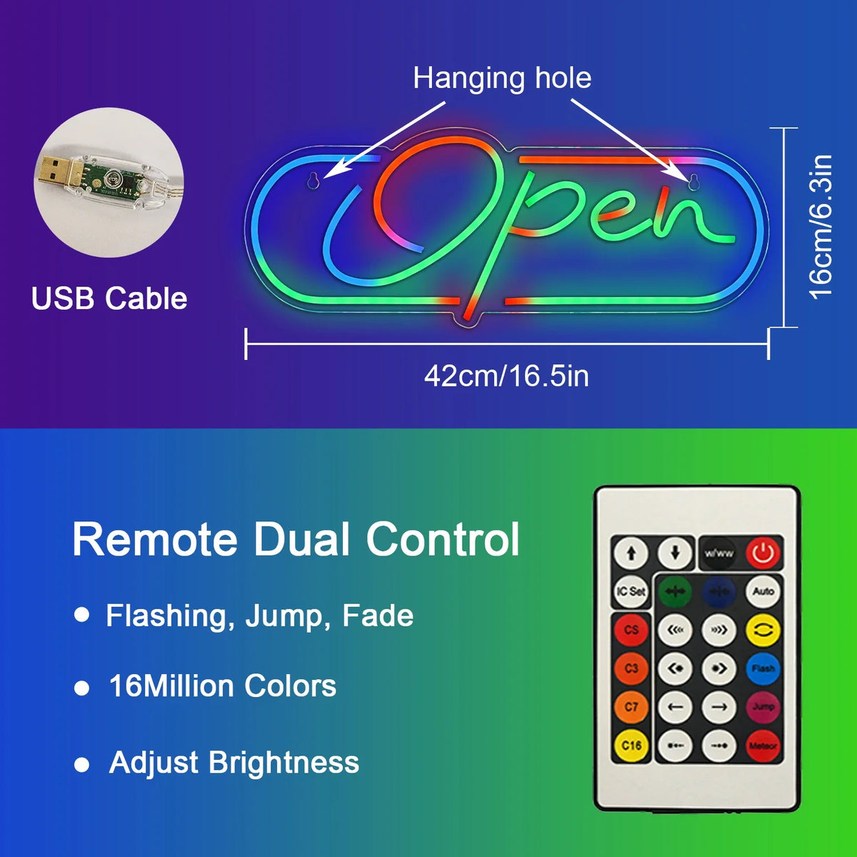 Enseigne néon LED USB 5 V Open RVB