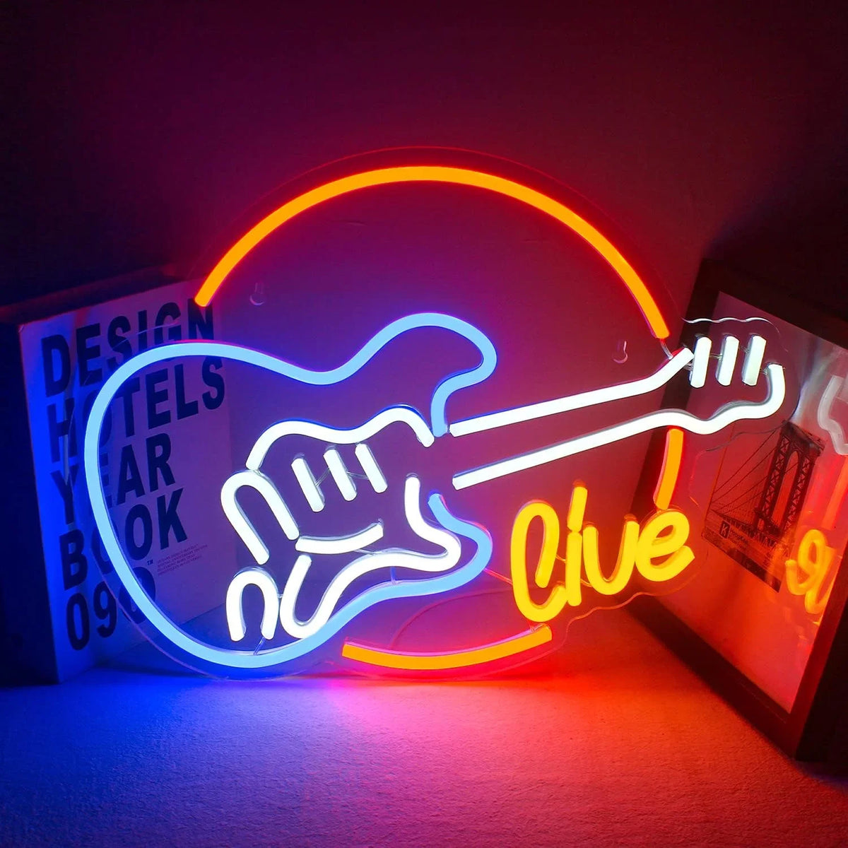 Enseigne néon LED USB 5 V Guitare « Live Music » — 40 × 32 cm