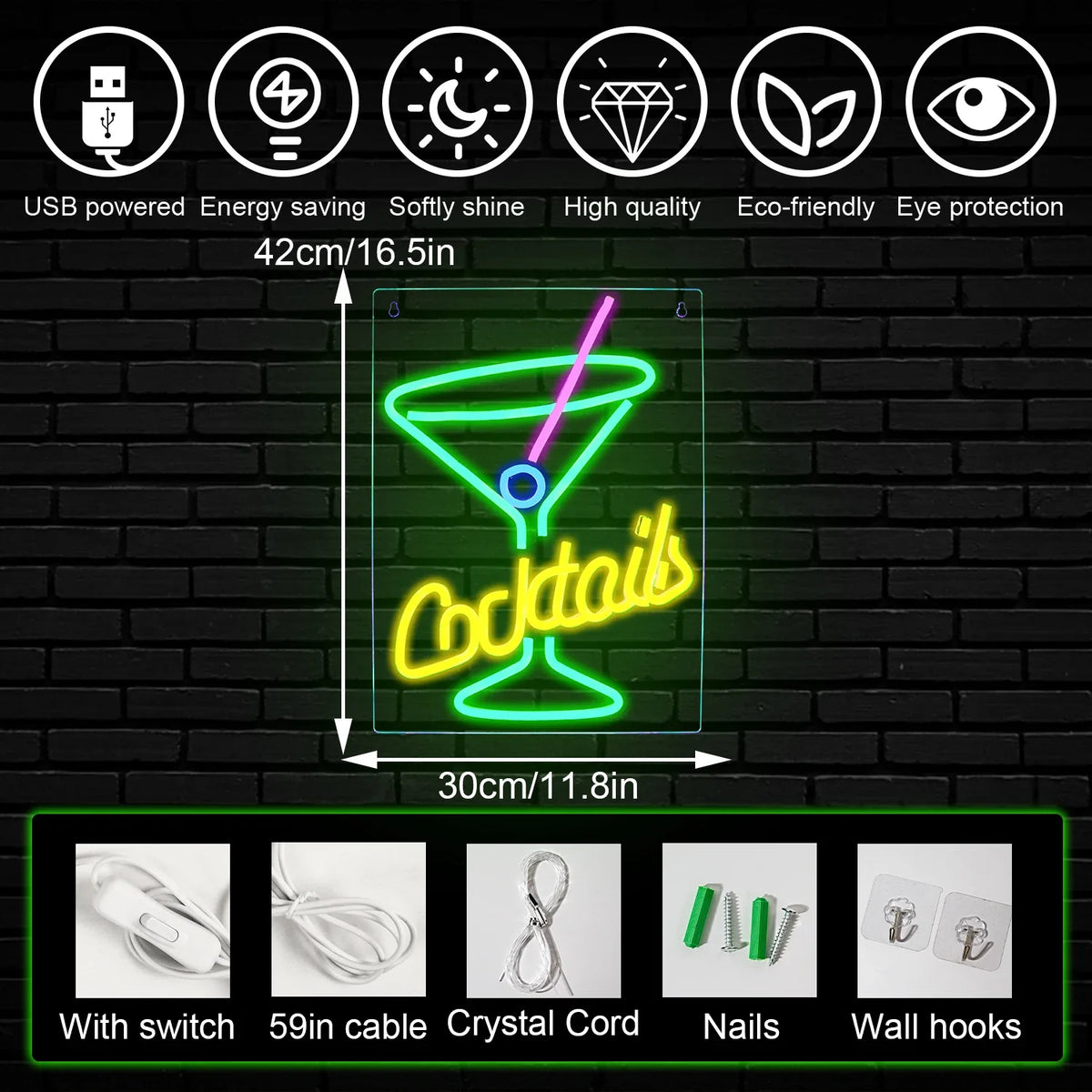 Green Cocktails 5V USB LED neon sign