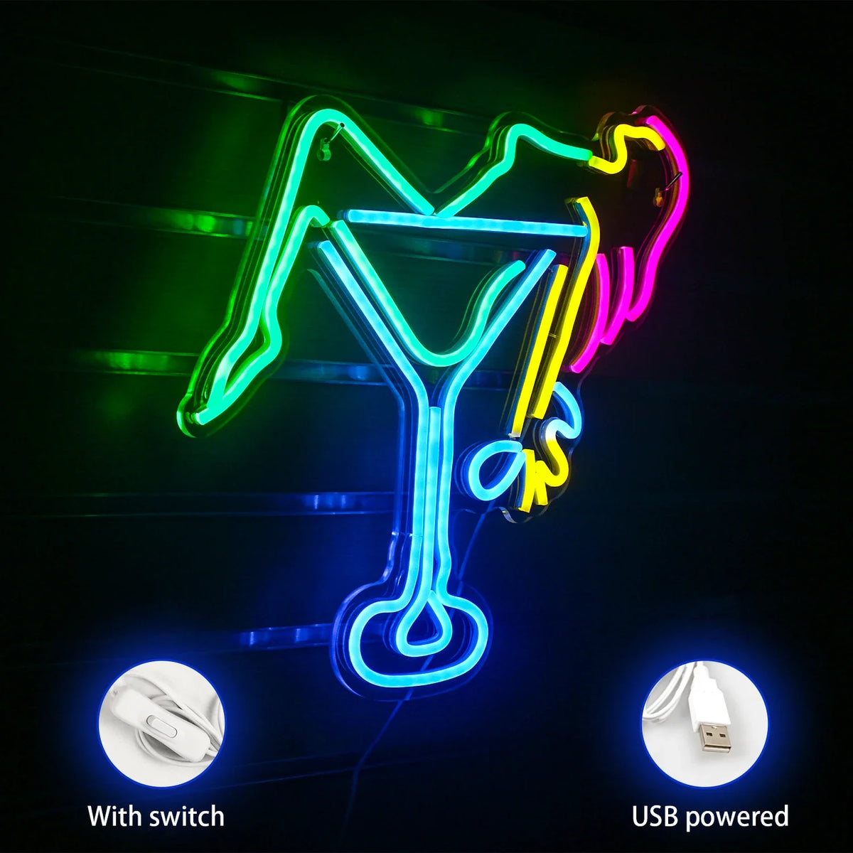 Enseigne néon LED USB 5 V Femme et verre à cocktail