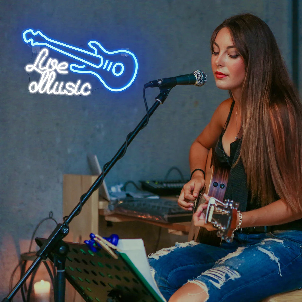 Enseigne néon LED USB 5 V Guitare « Live Music »