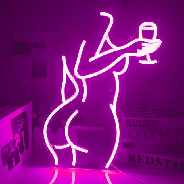 Woman Wine Glass 5V USB LED neon sign – Pink