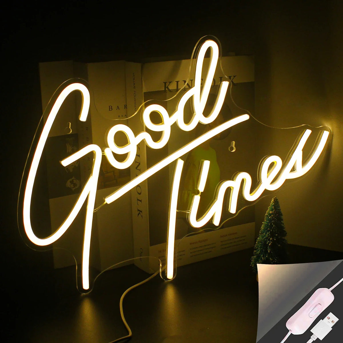 Good Times 5V USB neon sign with its USB power lead