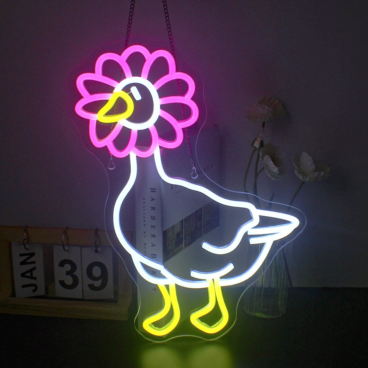 Enseigne néon LED USB 5 V Canard rose et blanc — 30 × 42 cm