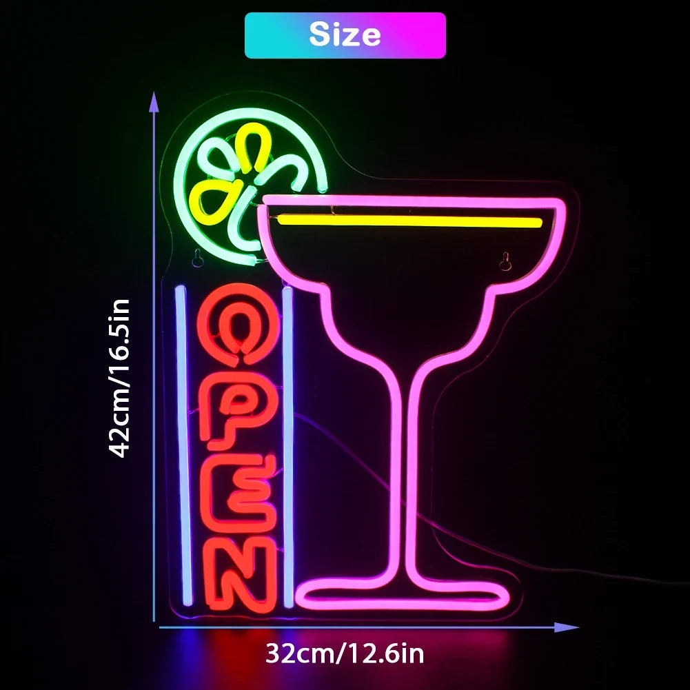 Enseigne néon LED USB 5 V Cocktails Open — 32 × 42 cm