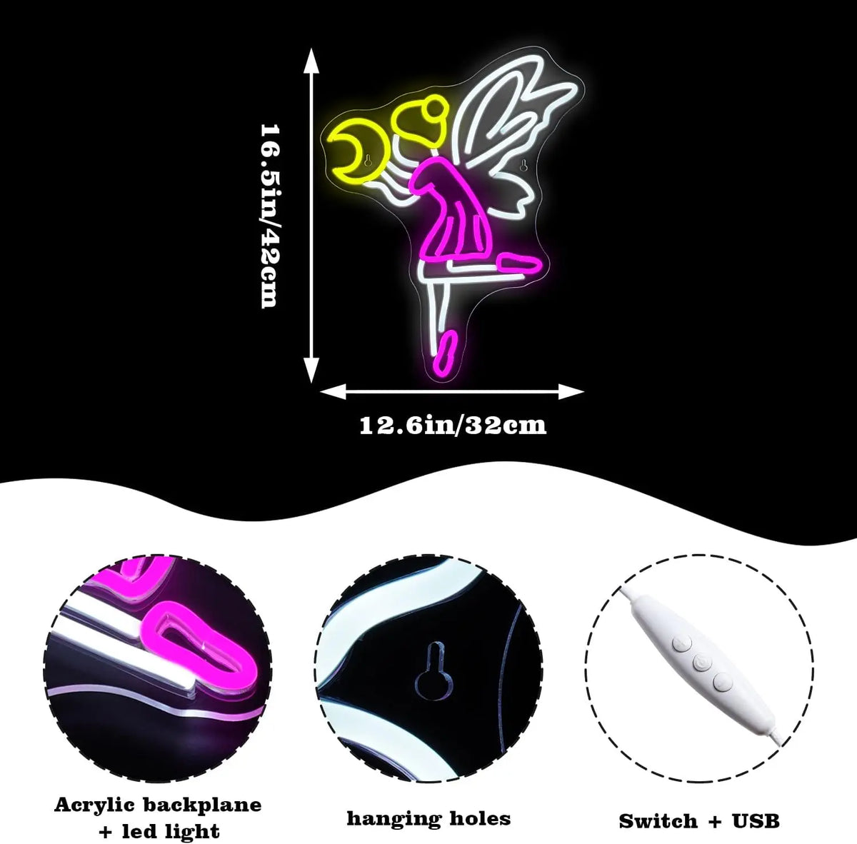 Enseigne néon LED USB 5 V Fée volante et lune