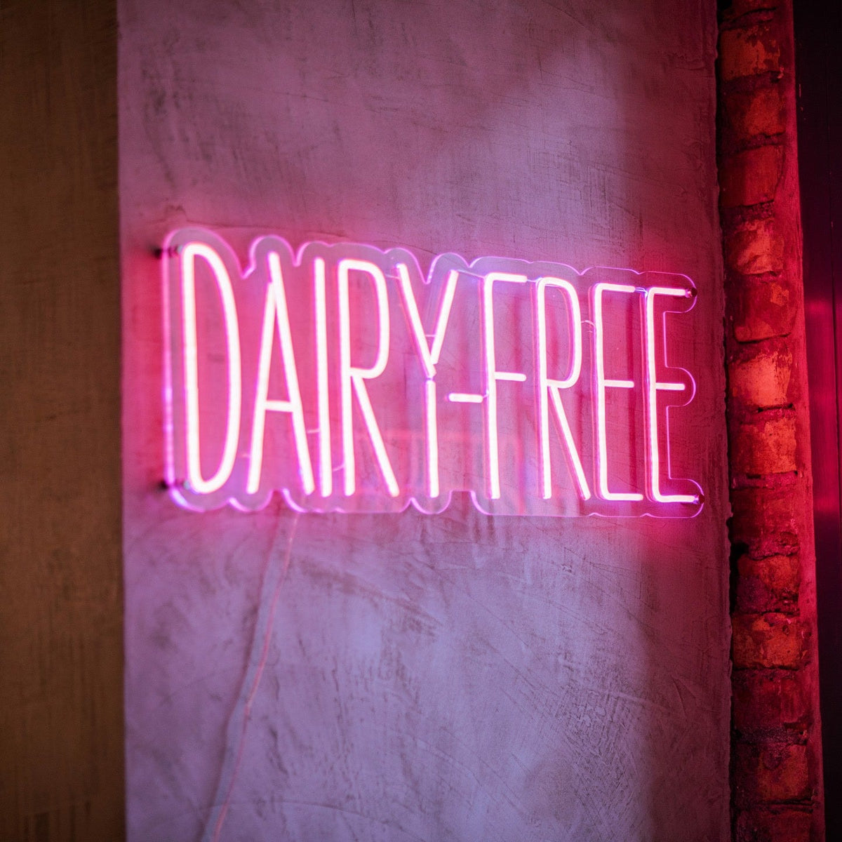 Pink vegan options LED neon sign on a wall inside Ichigo Budapest fusion restaurant.