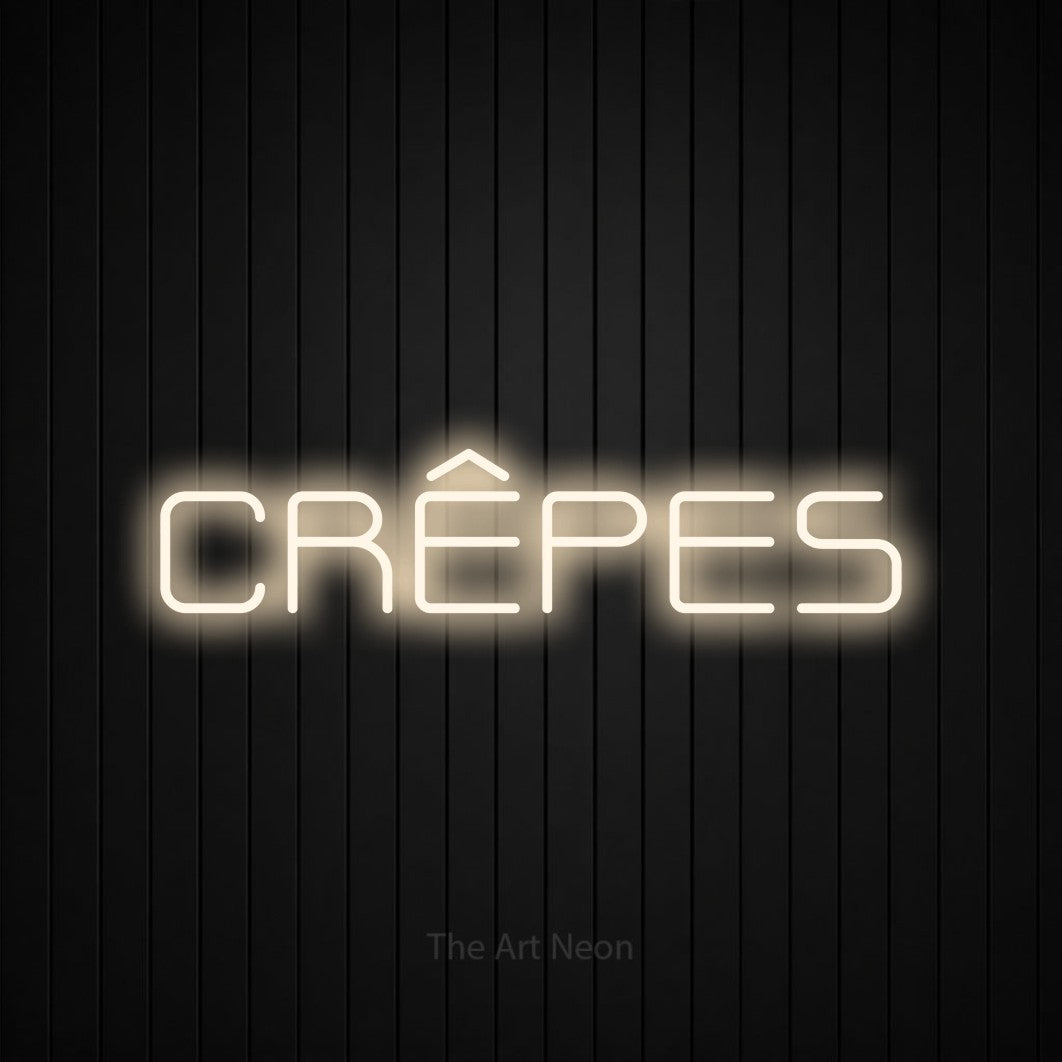 “Crêpes” LED neon sign in warm white, with rounded geometric lettering, shown against black vertical wall slats.