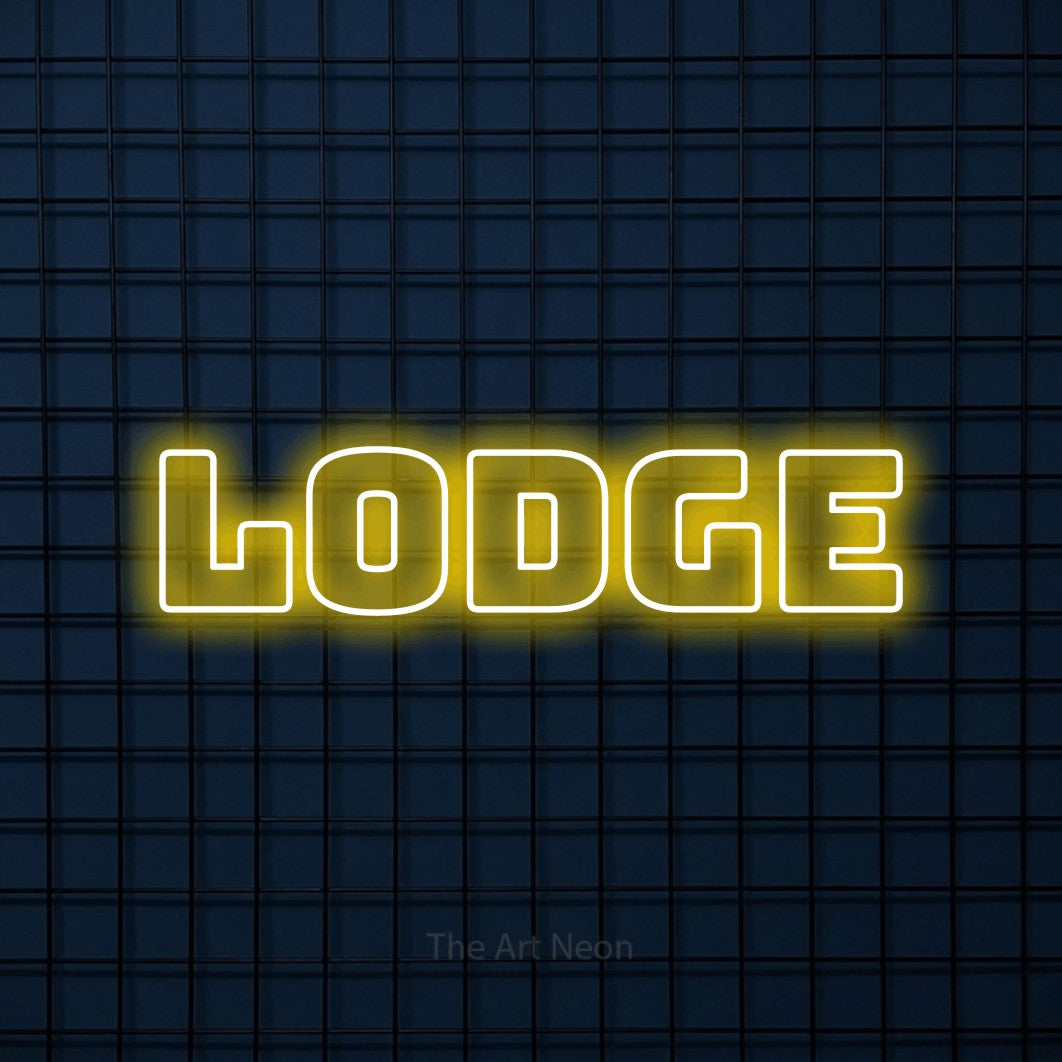 “Lodge” LED neon sign in yellow, with bold outline lettering, shown against a dark blue grid.