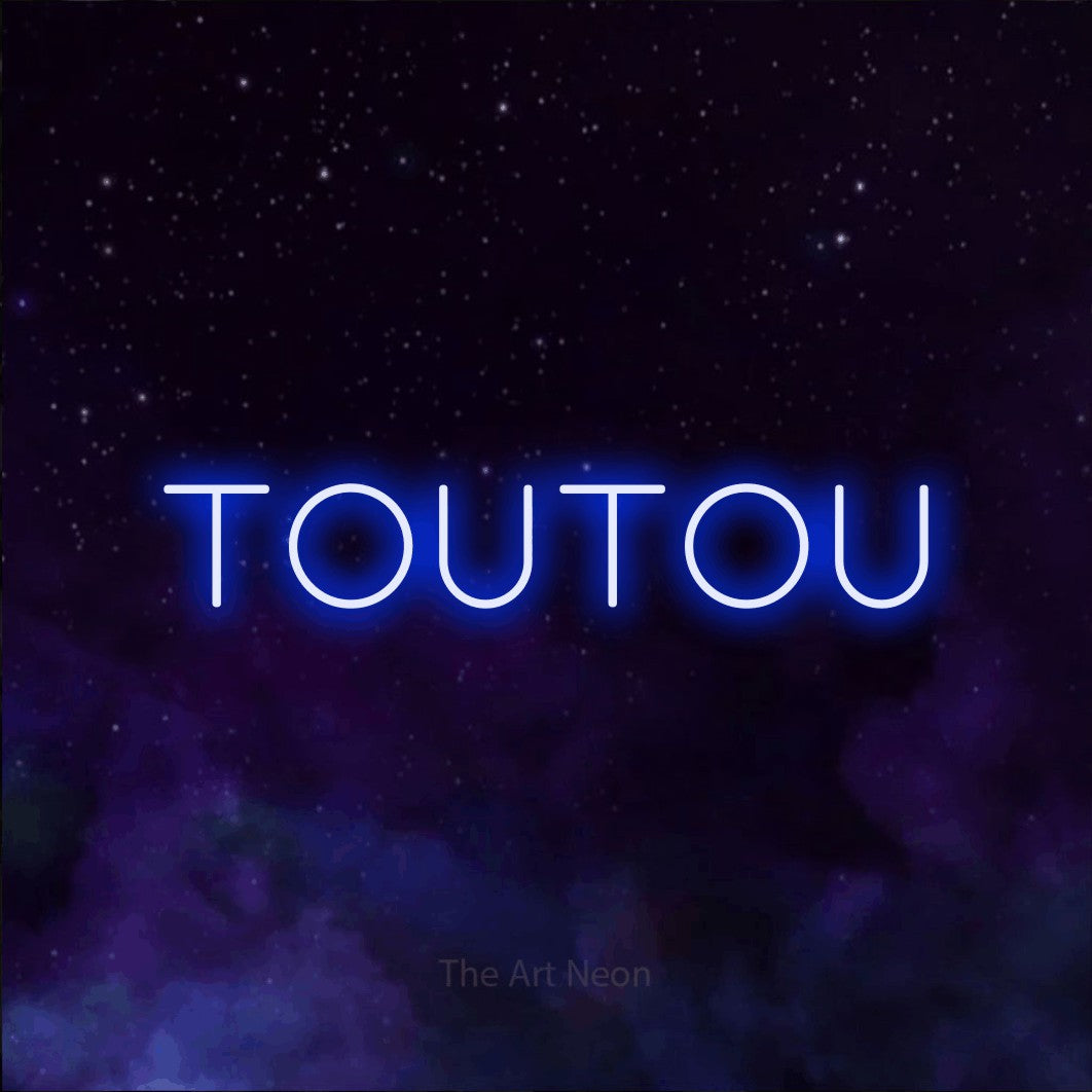 “Toutou” LED neon sign in blue, with thin, widely spaced lettering, shown against a purple galaxy backdrop.