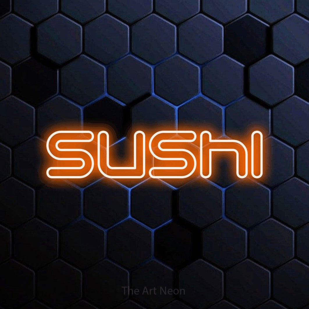 “Sushi” LED neon sign in orange, with futuristic double-line lettering, shown against a dark blue honeycomb pattern.