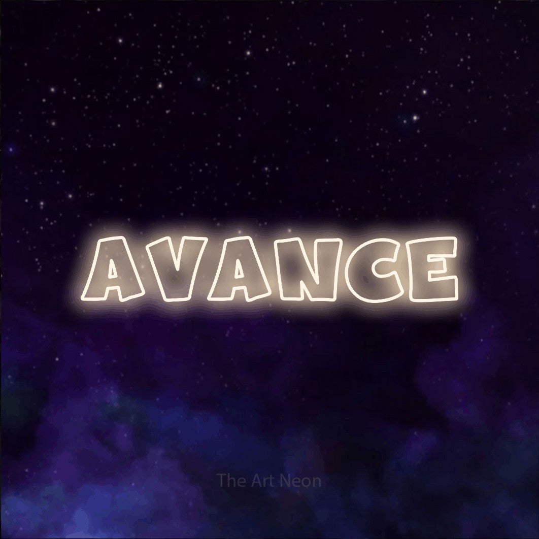 “Avance” LED neon sign in warm white, with wide lettering with irregular outlines, shown against a purple galaxy backdrop.