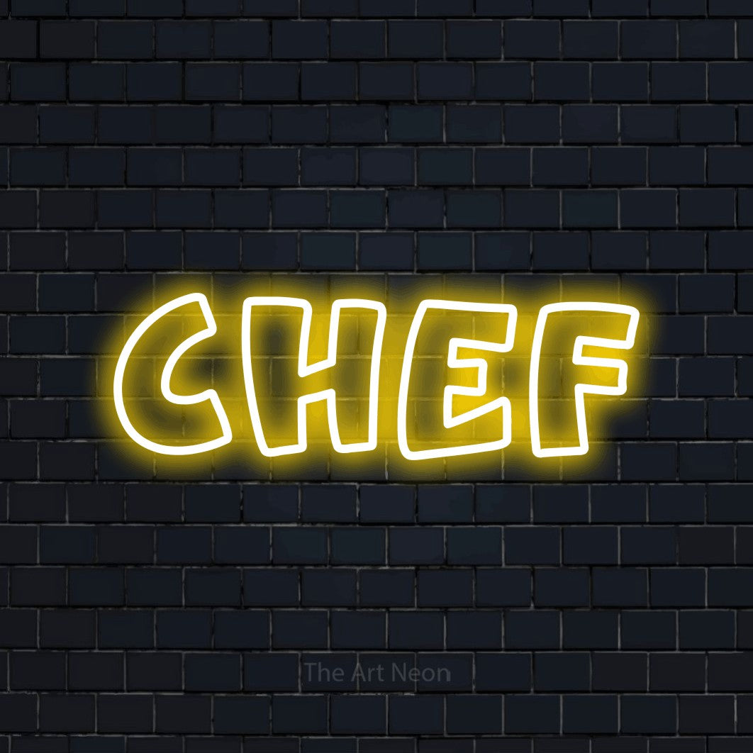 “Chef” LED neon sign in yellow, with rounded outline lettering, shown against a dark navy brick wall.