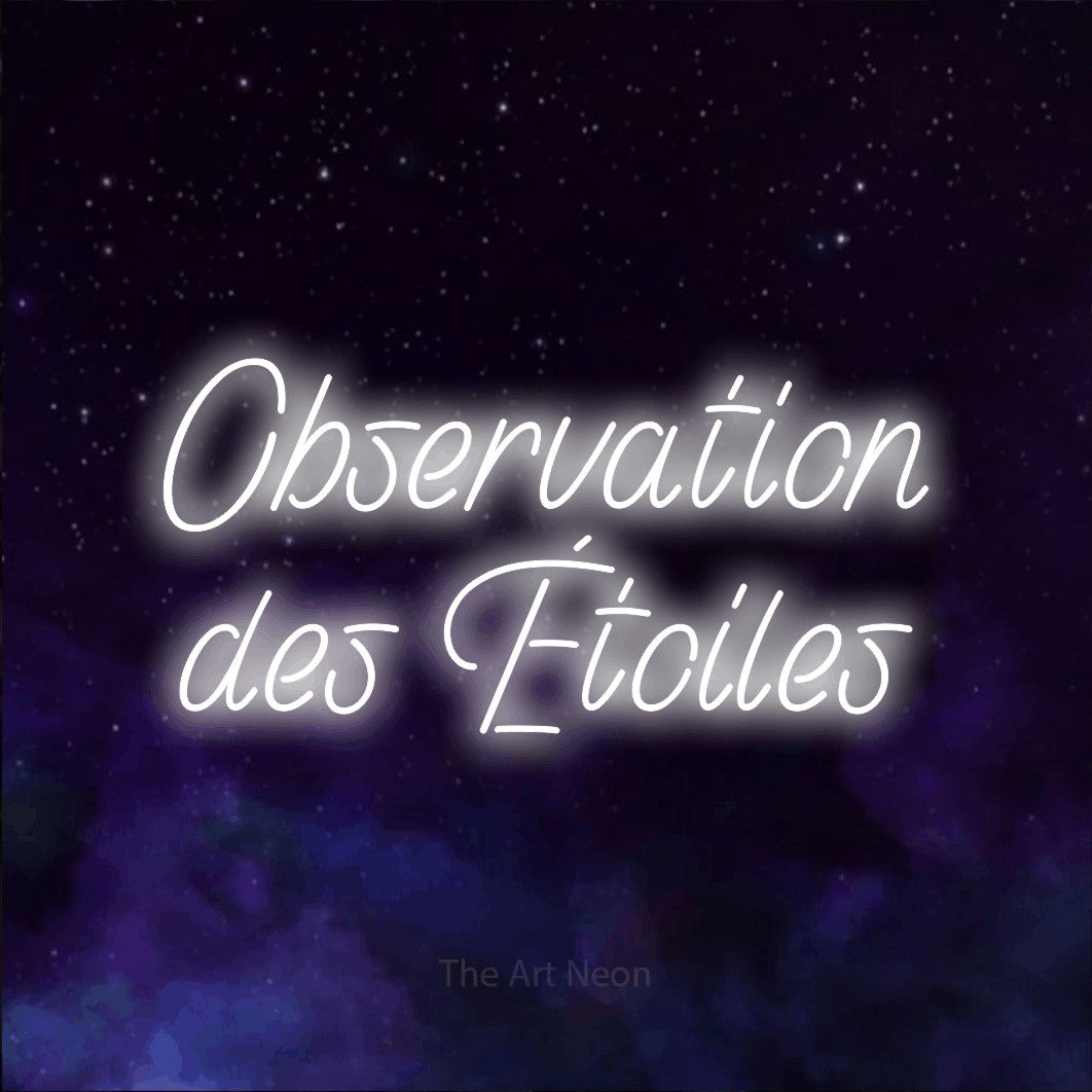 “Observation des étoiles” LED neon sign in cool white, with slanted handwritten lettering across 2 lines, shown against a purple galaxy backdrop.