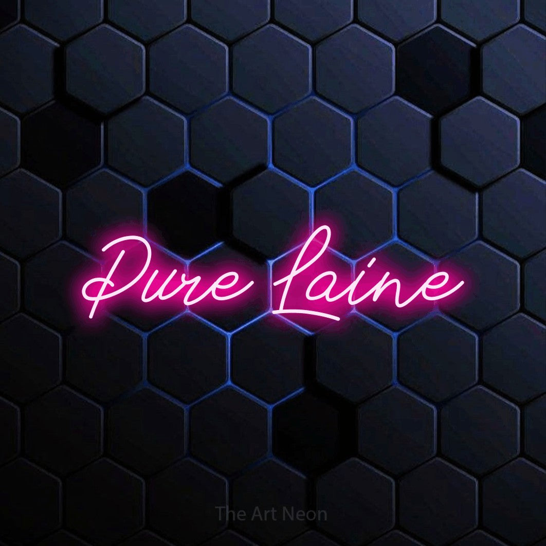 “Pure laine” LED neon sign in hot pink, with cursive lettering, shown against a dark blue honeycomb pattern.