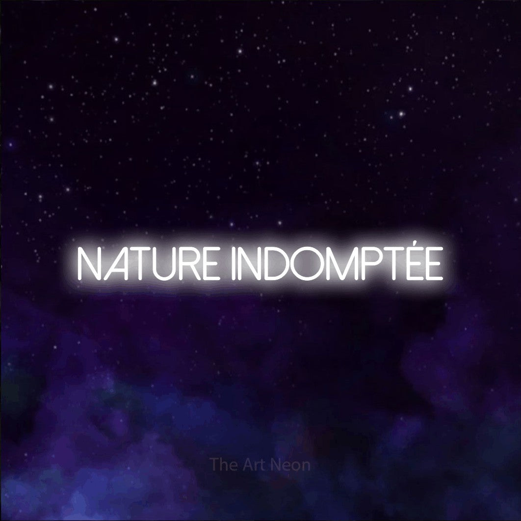 Décoration murale en néon LED « Nature indomptée » en blanc froid, en lettres fines sans empattement, installée sur une texture de galaxie violette, pour un décor de plein air canadien.