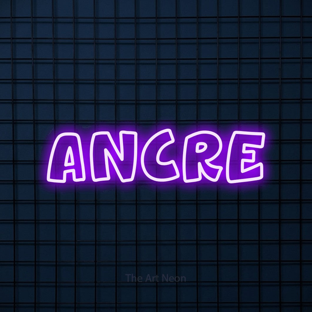 “Ancre” LED neon sign in purple, with rounded outline lettering, shown against a dark blue grid.